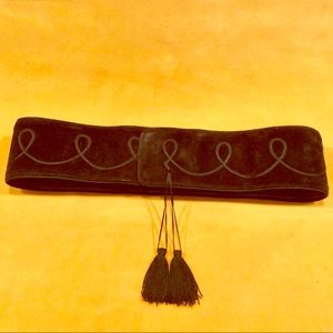 Tassel & Braid Trimmed Black Suede Adjustable Belt